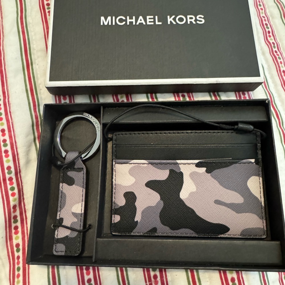 Michael Kors Black and Gray Camouflage Key & Card Holder Set